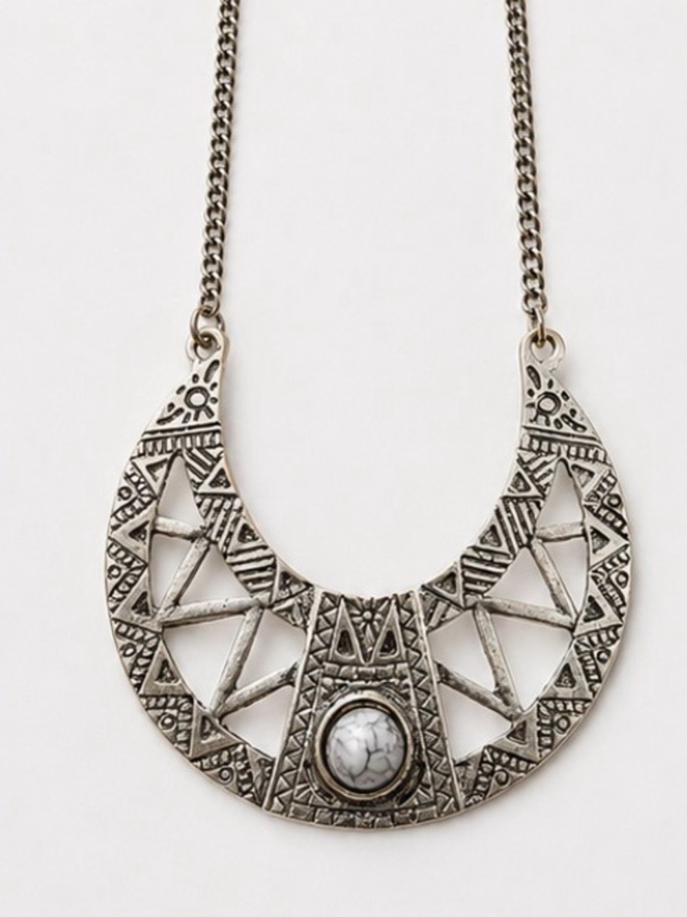 Geometric Statement Necklace Silver Tone Crescent Pendant Adjustable 16–19.5”